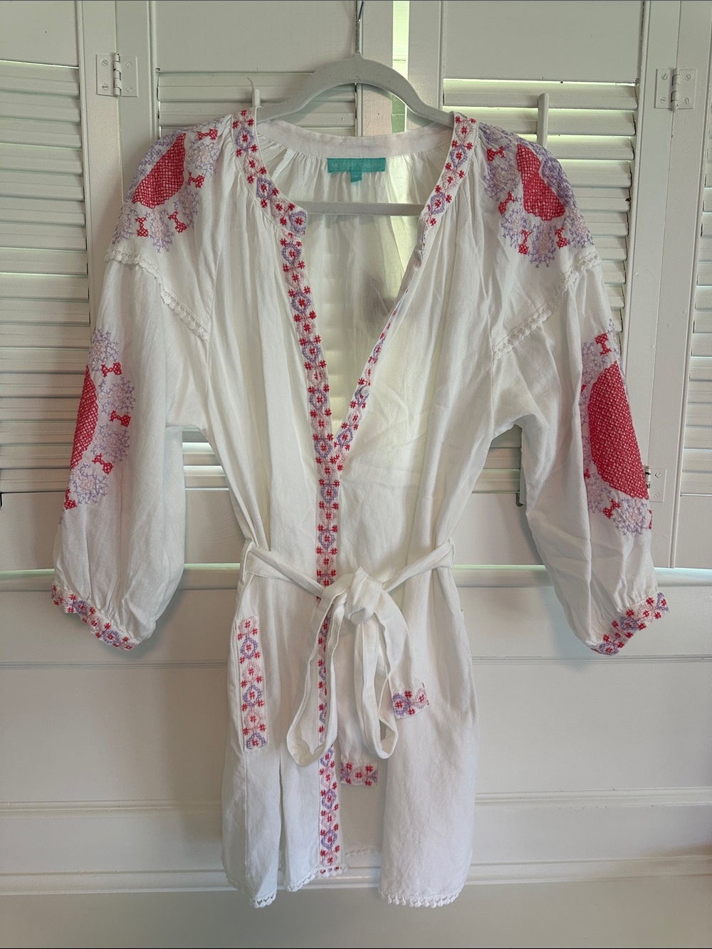 Melissa Odabash White Linen-Blend Cover-up with Pink /Lavender Embroidery